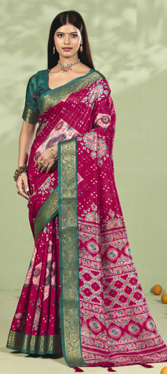 Pink and Majenta color Saree in Silk fabric with Printed, Weaving work