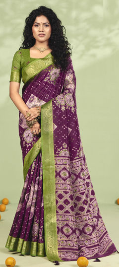 Purple and Violet color Saree in Silk fabric with Printed, Weaving work