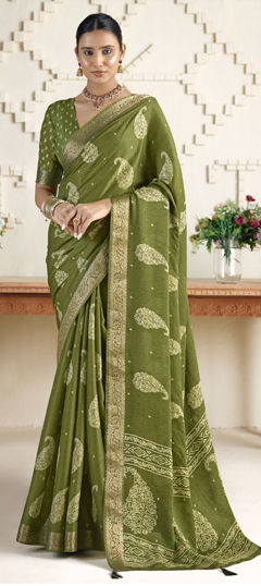 Green color Saree in Silk fabric with Printed, Weaving work