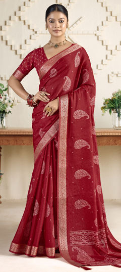 Pink and Majenta color Saree in Silk fabric with Printed, Weaving work