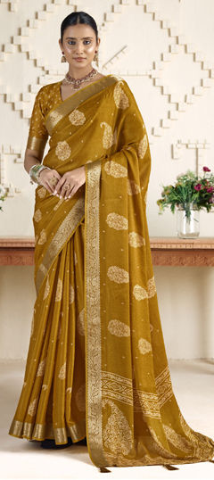 Yellow color Saree in Silk fabric with Printed, Weaving work