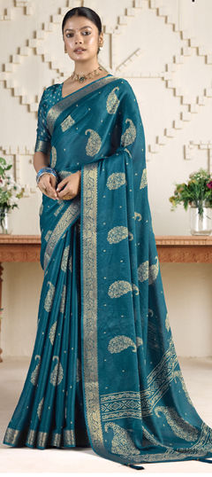 Blue color Saree in Silk fabric with Printed, Weaving work