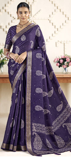 Blue color Saree in Silk fabric with Printed, Weaving work