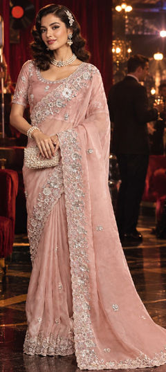 Pink and Majenta color Saree in Organza Silk fabric with Embroidered, Sequence work