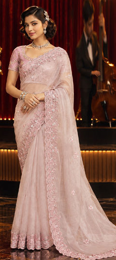 Pink and Majenta color Saree in Organza Silk fabric with Embroidered, Sequence work
