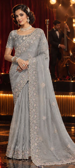 Black and Grey color Saree in Organza Silk fabric with Embroidered, Sequence work