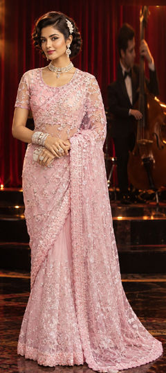 Pink and Majenta color Saree in Organza Silk fabric with Embroidered, Sequence work