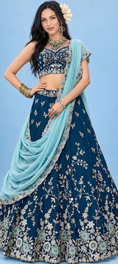Blue color Lehenga in Silk fabric with Embroidered, Sequence, Thread, Zari work