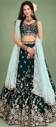 Green color Lehenga in Silk fabric with Embroidered, Sequence, Thread, Zari work