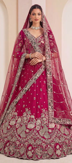 Pink and Majenta color Lehenga in Satin Silk fabric with Bugle Beads, Cut Dana, Embroidered, Sequence, Thread, Zari work