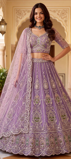 Purple and Violet color Lehenga in Net fabric with Bugle Beads, Embroidered, Zari work
