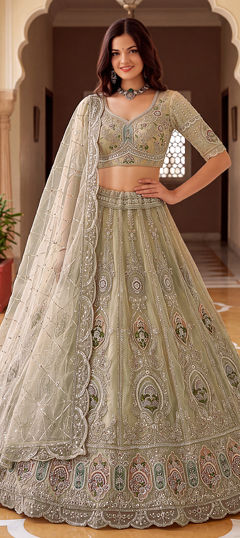 Green color Lehenga in Net fabric with Bugle Beads, Embroidered, Zari work