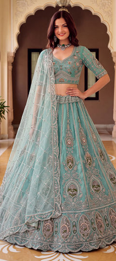 Blue color Lehenga in Net fabric with Bugle Beads, Embroidered, Zari work
