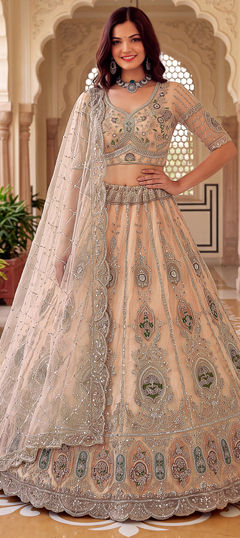 Beige and Brown color Lehenga in Net fabric with Bugle Beads, Embroidered, Zari work
