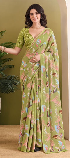 Green color Saree in Georgette fabric with Printed work