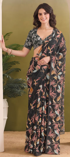 Black and Grey color Saree in Georgette fabric with Printed work