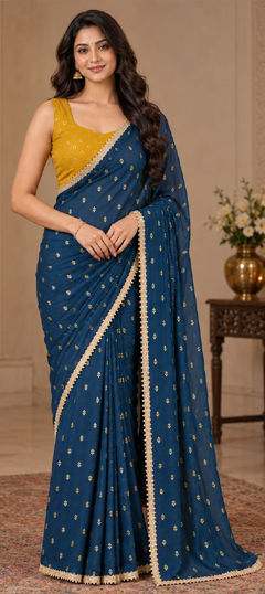 Blue color Saree in Georgette fabric with Lace work