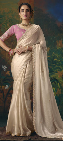 Beige and Brown color Saree in Satin Silk fabric with Bugle Beads, Embroidered, Stone work