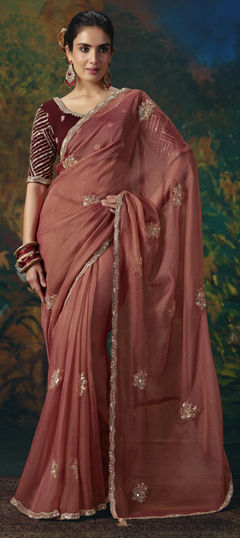 Orange color Saree in Bemberg fabric with Bugle Beads, Embroidered, Stone work