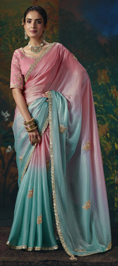 Pink and Majenta color Saree in Satin Silk fabric with Bugle Beads, Embroidered, Stone work