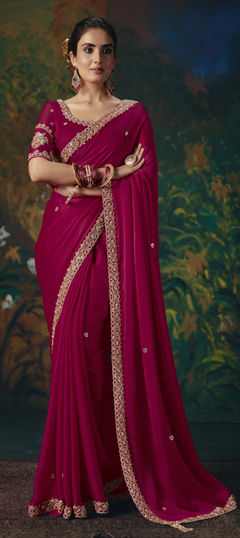 Red and Maroon color Saree in Satin Silk fabric with Bugle Beads, Embroidered, Stone work