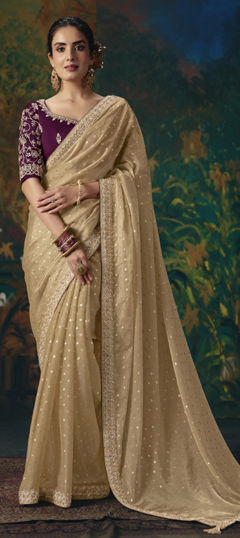 Beige and Brown color Saree in Bemberg fabric with Bugle Beads, Embroidered, Stone work