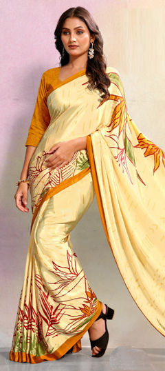 Beige and Brown color Saree in Crepe Silk fabric with Printed work