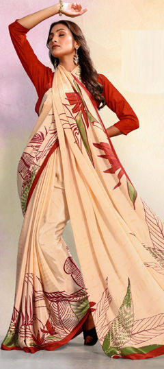 Beige and Brown color Saree in Crepe Silk fabric with Printed work