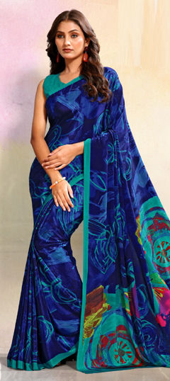 Blue color Saree in Crepe Silk fabric with Printed work