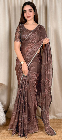 Beige and Brown color Saree in Satin fabric with Bugle Beads, Embroidered, Sequence work