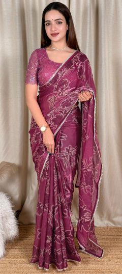 Pink and Majenta color Saree in Satin fabric with Bugle Beads, Embroidered, Sequence work