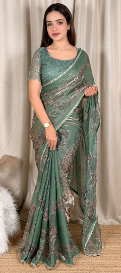 Green color Saree in Satin fabric with Bugle Beads, Embroidered, Sequence work