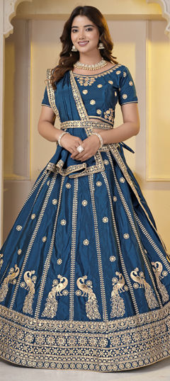 Blue color Lehenga in Chinon Silk fabric with Embroidered, Sequence, Zari work