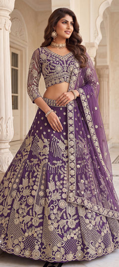 Purple and Violet color Lehenga in Net fabric with Embroidered, Sequence work