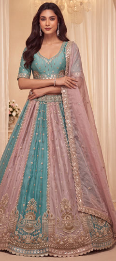 Blue, Pink and Majenta color Lehenga in Satin Silk fabric with Bugle Beads, Cut Dana, Sequence work