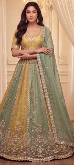 Green, Pink and Majenta color Lehenga in Satin Silk fabric with Bugle Beads, Cut Dana, Sequence work