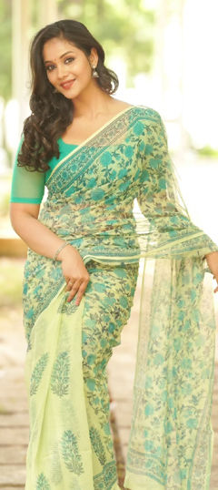 Green color Saree in Linen fabric with Floral, Printed work