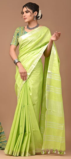 Green color Saree in Linen fabric with Weaving work