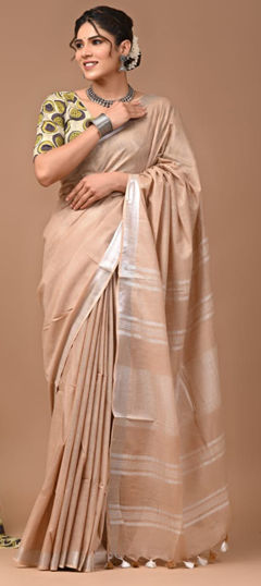 Beige and Brown color Saree in Linen fabric with Weaving work