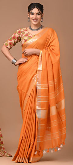 Orange color Saree in Linen fabric with Weaving work