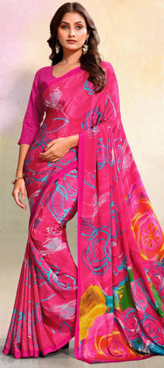 Pink and Majenta color Saree in Crepe Silk fabric with Printed work