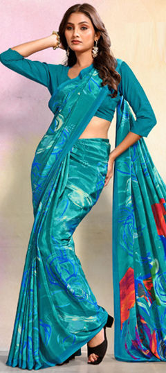 Blue color Saree in Crepe Silk fabric with Printed work