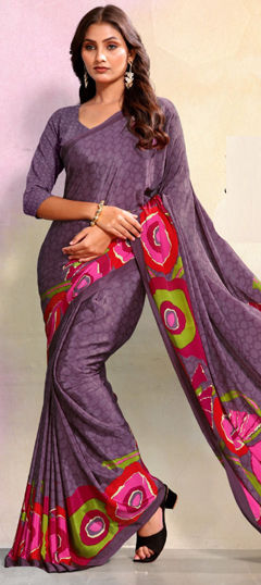 Black and Grey color Saree in Crepe Silk fabric with Printed work