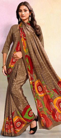 Beige and Brown color Saree in Crepe Silk fabric with Printed work