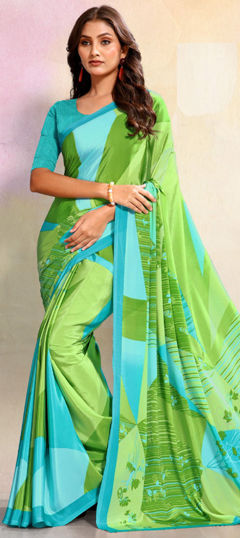 Green color Saree in Crepe Silk fabric with Printed work