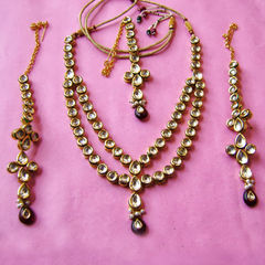 Gold Rodium Polish Gold, Red and Maroon color Necklace in Metal Alloy studded with Beads, Kundan