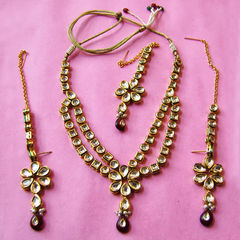 Gold Rodium Polish Gold, Red and Maroon color Necklace in Metal Alloy studded with Beads, Kundan