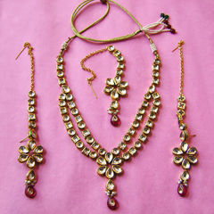 Gold Rodium Polish Gold, Red and Maroon color Necklace in Metal Alloy studded with Beads, Kundan