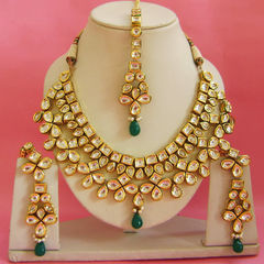 Gold Rodium Polish Gold, Green color Necklace in Metal Alloy studded with Kundan