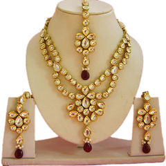 Gold Rodium Polish Gold, Red and Maroon color Necklace in Metal Alloy studded with Beads, Kundan